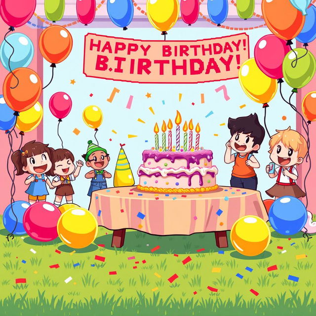 A vibrant pixel art scene depicting a cheerful birthday party, featuring a colorful table with a large birthday cake adorned with candles, surrounded by balloons in various bright colors like red, blue, yellow, and green