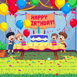 A vibrant pixel art scene depicting a cheerful birthday party, featuring a colorful table with a large birthday cake adorned with candles, surrounded by balloons in various bright colors like red, blue, yellow, and green