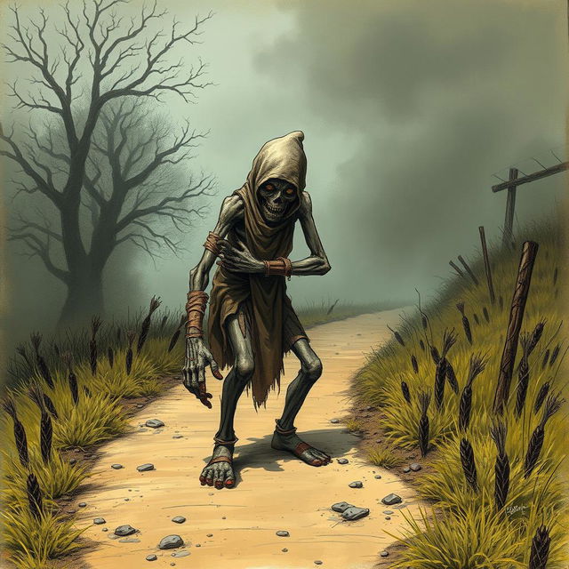 A fantasy drawing of a zombie peasant with one arm, positioned on the side of a dirt road, struggling to pull itself together with worn, ragged bandages