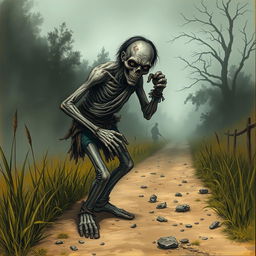 A fantasy drawing of a zombie peasant with one arm, positioned on the side of a dirt road, struggling to pull itself together with worn, ragged bandages