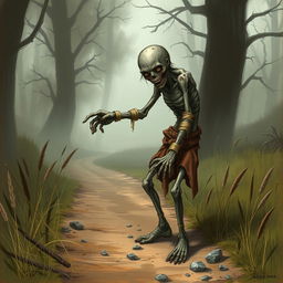 A fantasy drawing of a zombie peasant with one arm, positioned on the side of a dirt road, struggling to pull itself together with worn, ragged bandages