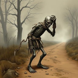 A fantasy drawing of a zombie peasant with one arm, positioned on the side of a dirt road, struggling to pull itself together with worn, ragged bandages