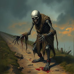 A fantasy drawing of a zombie peasant with one arm, located on the side of a dirt road, desperately struggling to pull itself together with ragged, blood-stained bandages