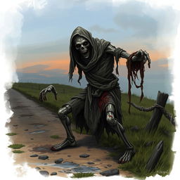 A fantasy drawing of a zombie peasant with one arm, located on the side of a dirt road, desperately struggling to pull itself together with ragged, blood-stained bandages