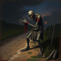 A fantasy drawing of a zombie peasant with one arm, located on the side of a dirt road, desperately struggling to pull itself together with ragged, blood-stained bandages