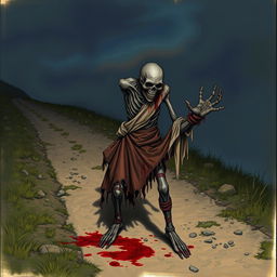 A fantasy drawing of a zombie peasant with one arm, located on the side of a dirt road, desperately struggling to pull itself together with ragged, blood-stained bandages