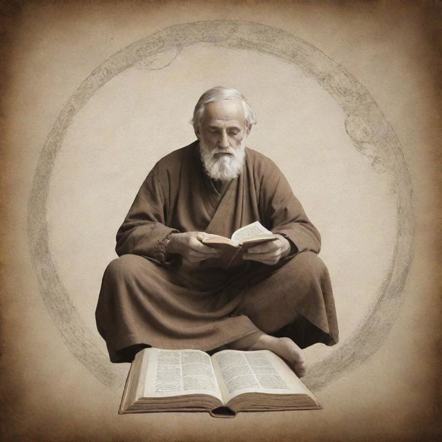 Create an image of a philosopher lost in thought, with a book in his hand. Surround him with abstract shapes or simple religious symbols, subtly hinting at the influence of religion.