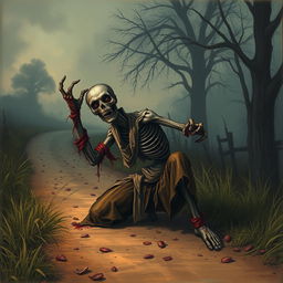 A fantasy drawing of a zombie peasant with one arm, located on the side of a dirt road, desperately struggling to pull itself together using tattered, blood-soaked bandages