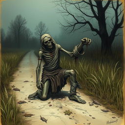 A fantasy drawing of a zombie peasant with one arm, located on the side of a dirt road, desperately struggling to pull itself together using tattered, blood-soaked bandages