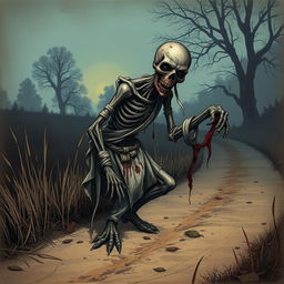 A fantasy drawing of a zombie peasant with one arm, located on the side of a dirt road, desperately struggling to pull itself together using tattered, blood-soaked bandages