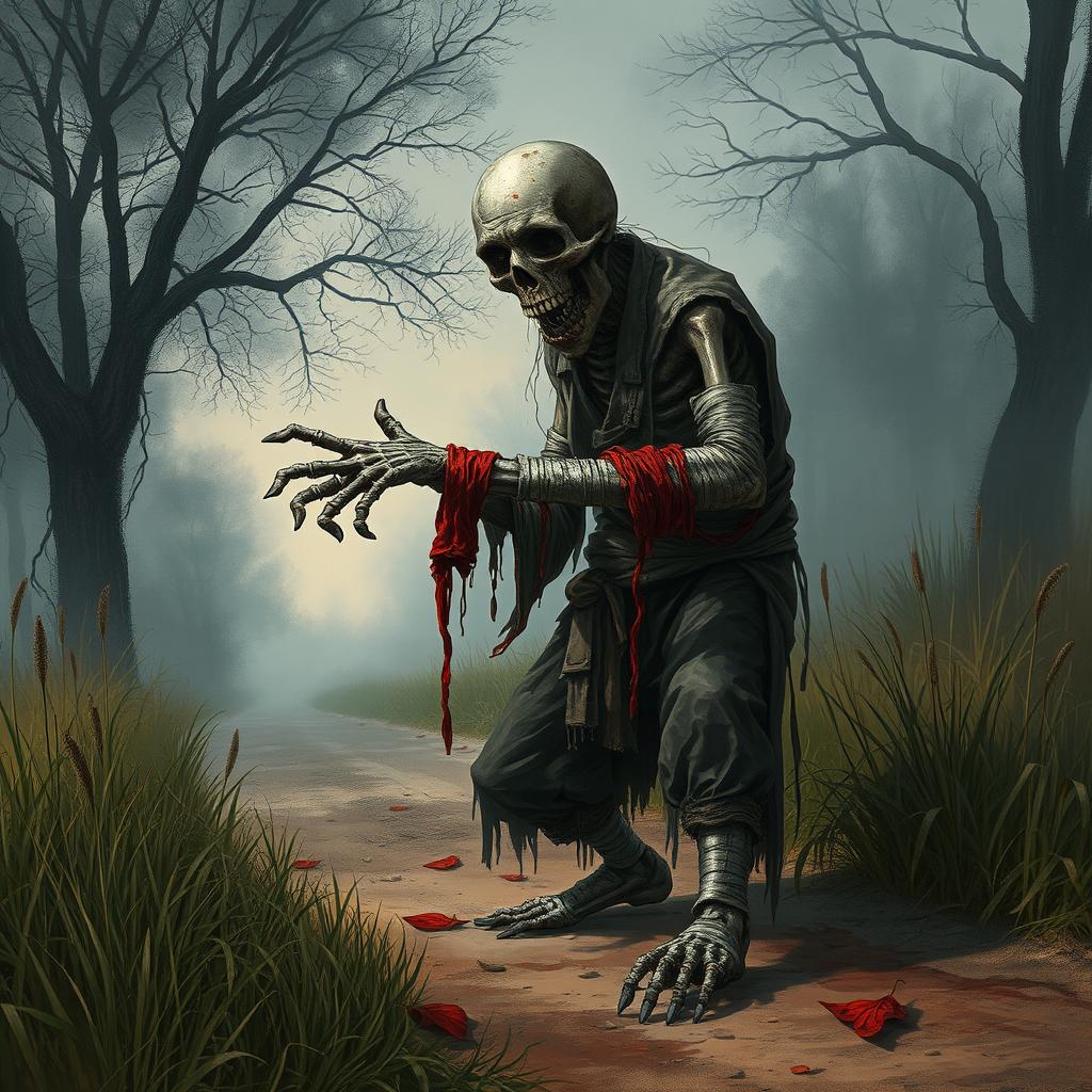 A fantasy drawing of a zombie peasant with one arm, located on the side of a dirt road, desperately struggling to pull itself together using tattered, blood-soaked bandages