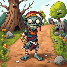 A comical fantasy drawing of a zombie peasant with one arm, humorously positioned on the side of a dirt road, struggling to pull itself together with colorful, mismatched bandages