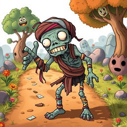 A comical fantasy drawing of a zombie peasant with one arm, humorously positioned on the side of a dirt road, struggling to pull itself together with colorful, mismatched bandages