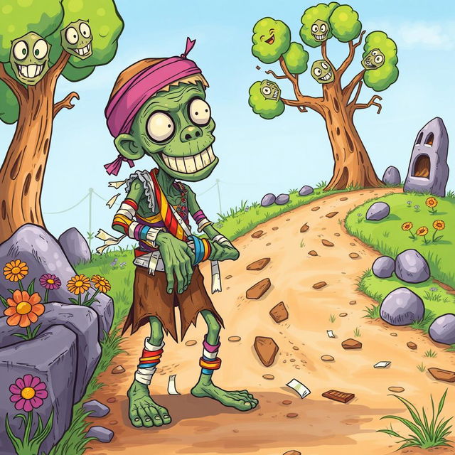 A comical fantasy drawing of a zombie peasant with one arm, humorously positioned on the side of a dirt road, struggling to pull itself together with colorful, mismatched bandages