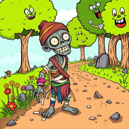 A comical fantasy drawing of a zombie peasant with one arm, humorously positioned on the side of a dirt road, struggling to pull itself together with colorful, mismatched bandages