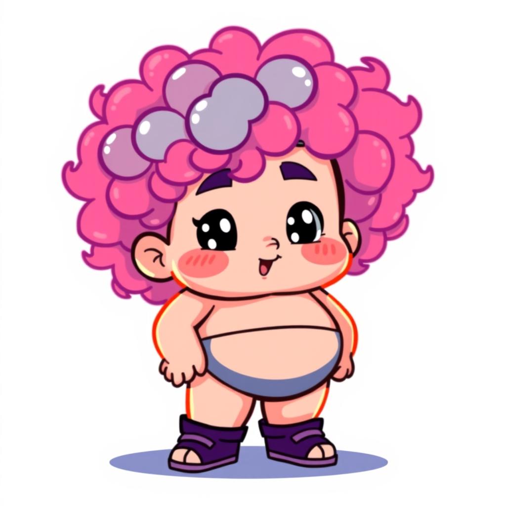 A chubby character with curly hair, designed in vibrant pixel art style, featuring bright and bold colors