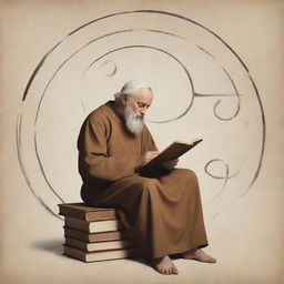 Create an image of a philosopher lost in thought, with a book in his hand. Surround him with abstract shapes or simple religious symbols, subtly hinting at the influence of religion.