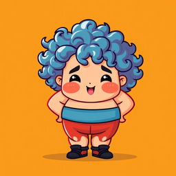 A chubby character with curly hair, designed in vibrant pixel art style, featuring bright and bold colors