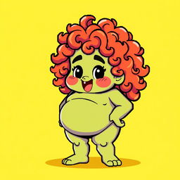 A chubby character with curly hair, designed in vibrant pixel art style, featuring bright and bold colors