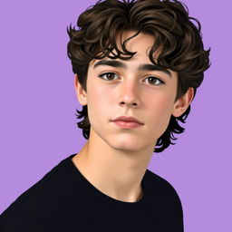 A teenage boy with medium-length dark curly brown hair and a prominent chin, wearing a black t-shirt, set against a simplified, less detailed purple background that contrasts with his features, emphasizing his youthful expression and casual attire