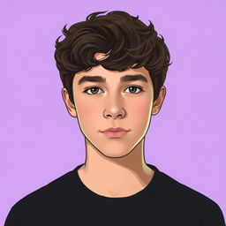 A teenage boy with medium-length dark curly brown hair and a prominent chin, wearing a black t-shirt, set against a simplified, less detailed purple background that contrasts with his features, emphasizing his youthful expression and casual attire