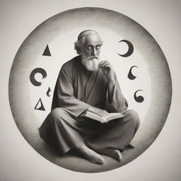 Create an image of a philosopher lost in thought, with a book in his hand. Surround him with abstract shapes or simple religious symbols, subtly hinting at the influence of religion.