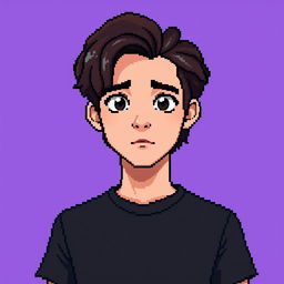 A pixel art depiction of a teenage boy with medium-length dark curly brown hair and a prominent chin, wearing a simple black t-shirt