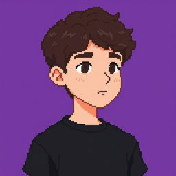 A pixel art depiction of a teenage boy with medium-length dark curly brown hair and a prominent chin, wearing a simple black t-shirt