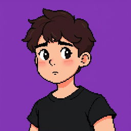 A pixel art depiction of a teenage boy with medium-length dark curly brown hair and a prominent chin, wearing a simple black t-shirt