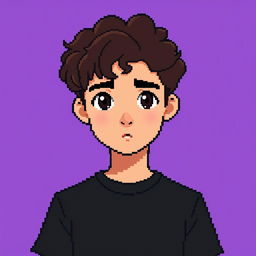 A pixel art depiction of a teenage boy with medium-length dark curly brown hair and a prominent chin, wearing a simple black t-shirt