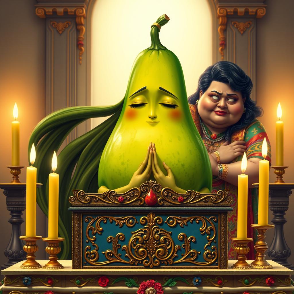 A realistic feminine avocado with long flowing hair depicted in a serene pose, praying on an ornate altar adorned with candles and intricate decorations