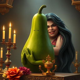 A realistic feminine avocado with long flowing hair depicted in a serene pose, praying on an ornate altar adorned with candles and intricate decorations