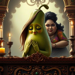 A realistic feminine avocado with long flowing hair depicted in a serene pose, praying on an ornate altar adorned with candles and intricate decorations