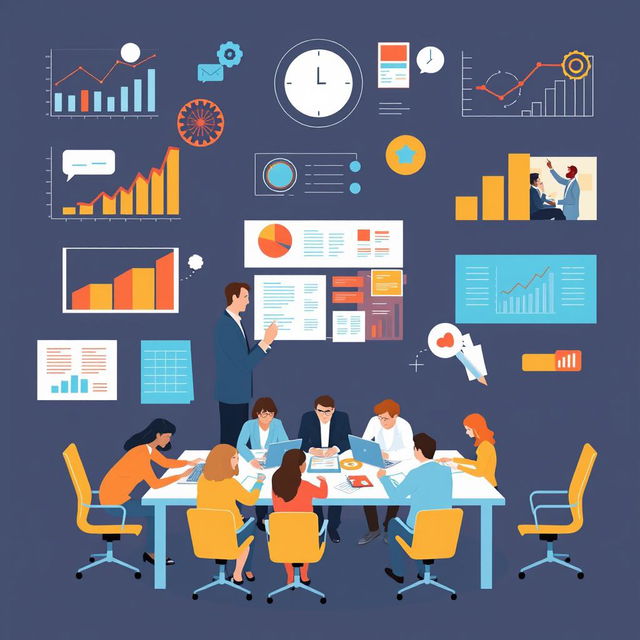 A dynamic and modern illustration showcasing various business strategies, featuring elements like graphs, charts, team meetings in a corporate office, brainstorming sessions, and digital technology