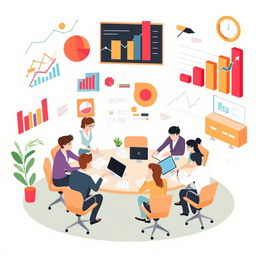 A dynamic and modern illustration showcasing various business strategies, featuring elements like graphs, charts, team meetings in a corporate office, brainstorming sessions, and digital technology