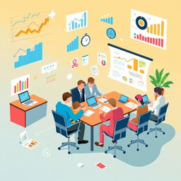 A dynamic and modern illustration showcasing various business strategies, featuring elements like graphs, charts, team meetings in a corporate office, brainstorming sessions, and digital technology