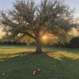 An image of an apple tree in the foreground with a sunset in the background. Blossoms are falling from the tree and the sun casts long shadows on the ground.