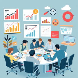 A dynamic and modern illustration showcasing various business strategies, featuring elements like graphs, charts, team meetings in a corporate office, brainstorming sessions, and digital technology