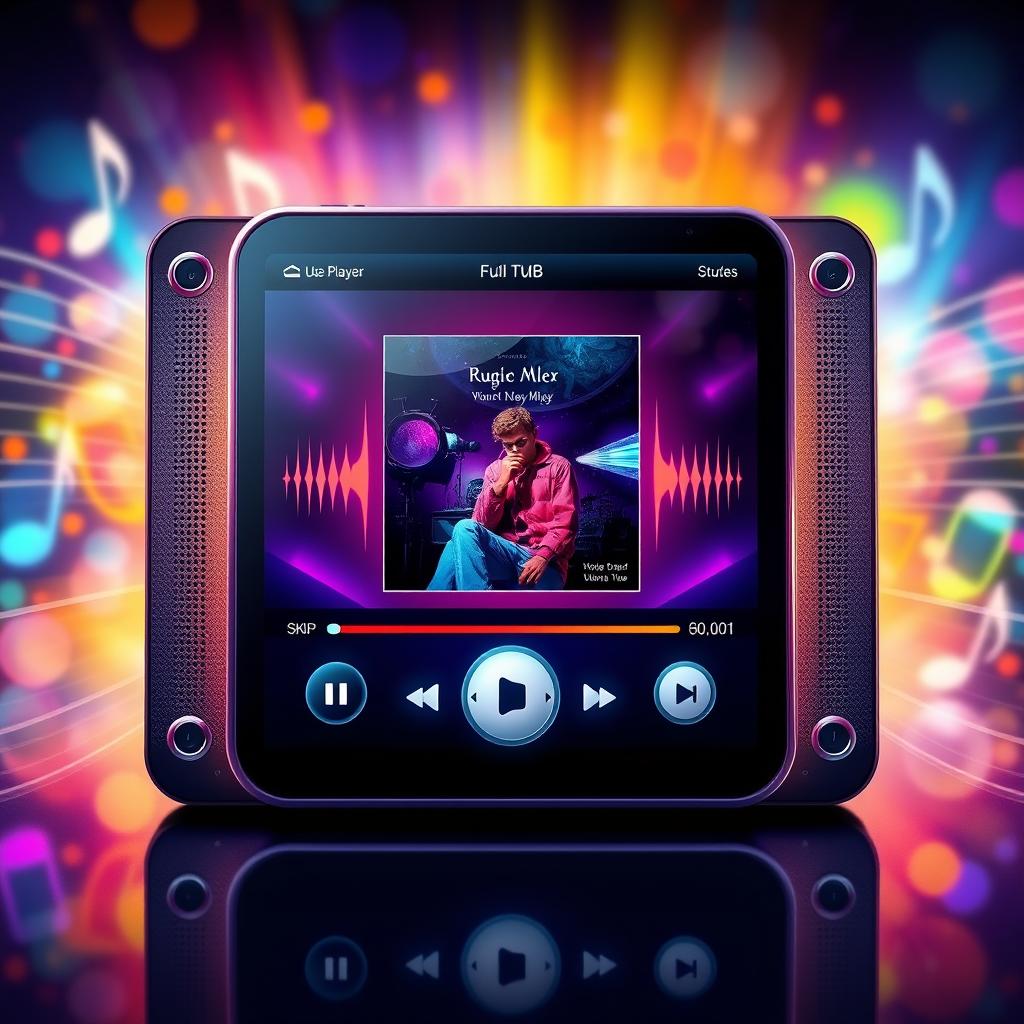 A realistic depiction of an audio player interface, showing a sleek design with vibrant colors and a modern aesthetic