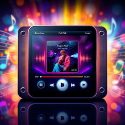 A realistic depiction of an audio player interface, showing a sleek design with vibrant colors and a modern aesthetic