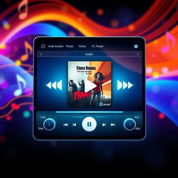 A realistic depiction of an audio player interface, showing a sleek design with vibrant colors and a modern aesthetic