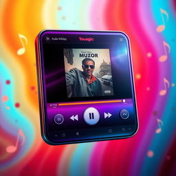 A realistic depiction of an audio player interface, showing a sleek design with vibrant colors and a modern aesthetic