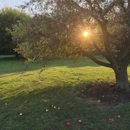 An image of an apple tree in the foreground with a sunset in the background. Blossoms are falling from the tree and the sun casts long shadows on the ground.