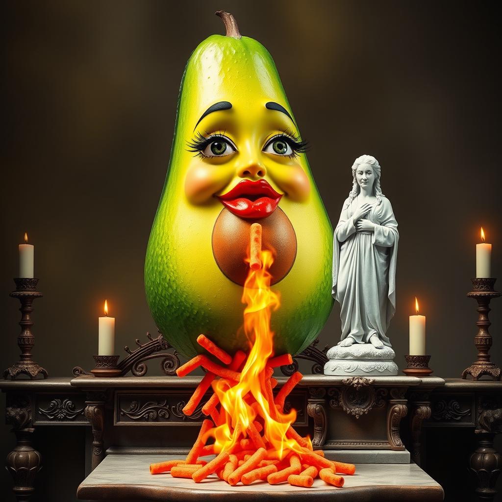 A whimsical and surreal scene featuring a realistic feminine avocado with long eyelashes and big lips, dramatically shooting fire and red Cheetos from its bottom