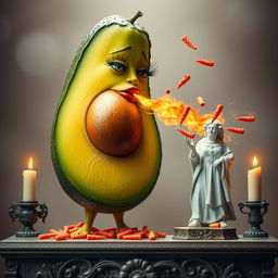 A whimsical and surreal scene featuring a realistic feminine avocado with long eyelashes and big lips, dramatically shooting fire and red Cheetos from its bottom