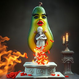 A whimsical and surreal scene featuring a realistic feminine avocado with long eyelashes and big lips, dramatically shooting fire and red Cheetos from its bottom