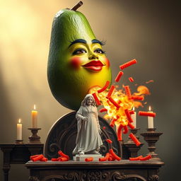 A whimsical and surreal scene featuring a realistic feminine avocado with long eyelashes and big lips, dramatically shooting fire and red Cheetos from its bottom