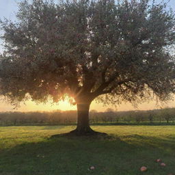 An image of an apple tree in the foreground with a sunset in the background. Blossoms are falling from the tree and the sun casts long shadows on the ground.