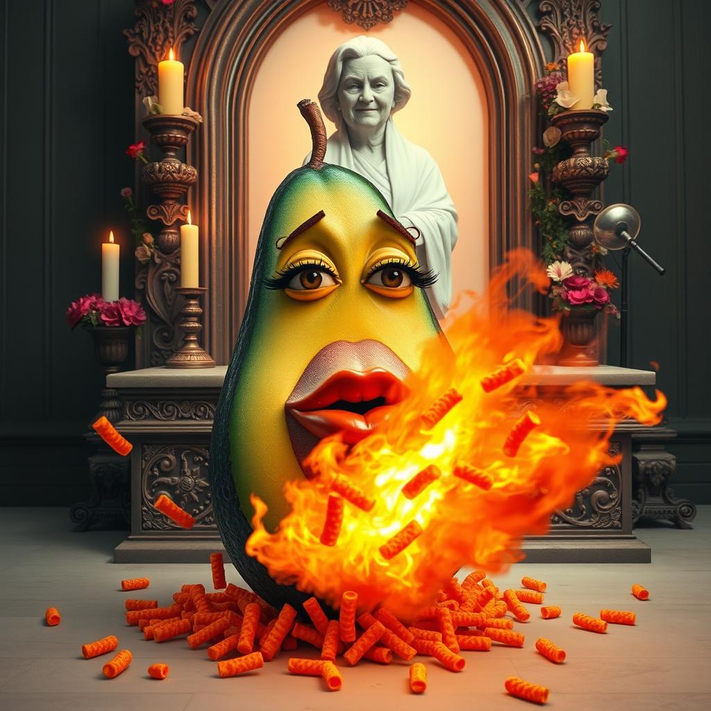 A whimsical scene featuring a realistic feminine avocado with long eyelashes and big lips, shooting fire and red Cheetos explosively from its bottom