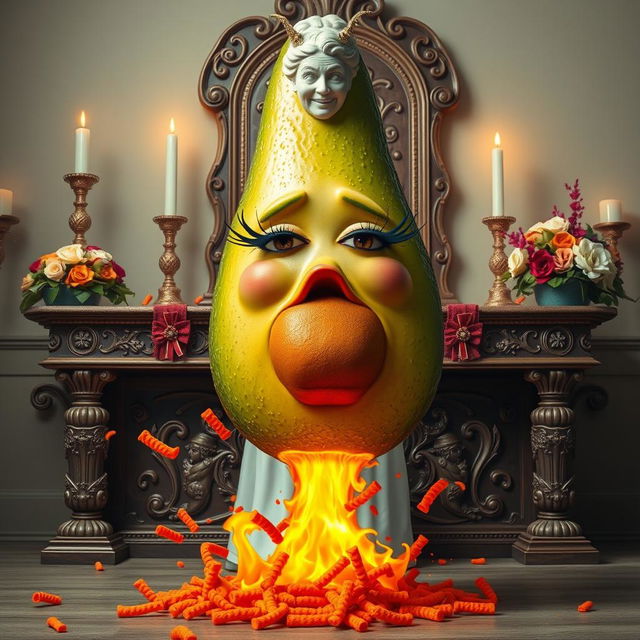 A whimsical scene featuring a realistic feminine avocado with long eyelashes and big lips, shooting fire and red Cheetos explosively from its bottom